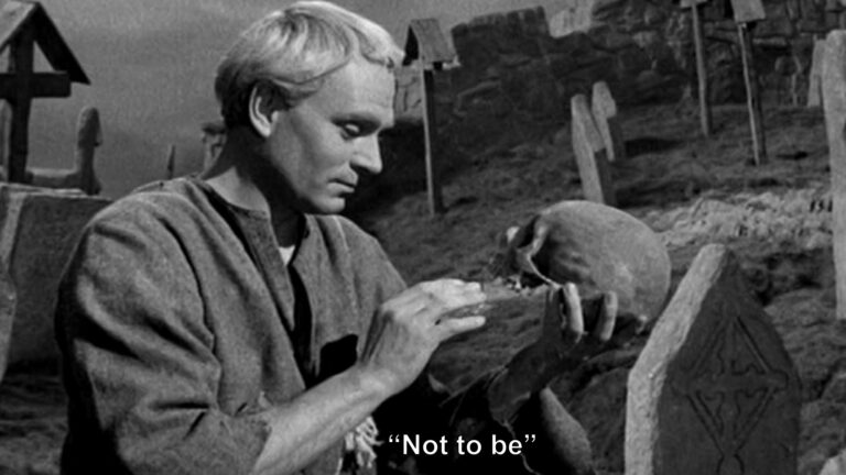 Laurence Olivier Hamlet background with caption "Not to be"